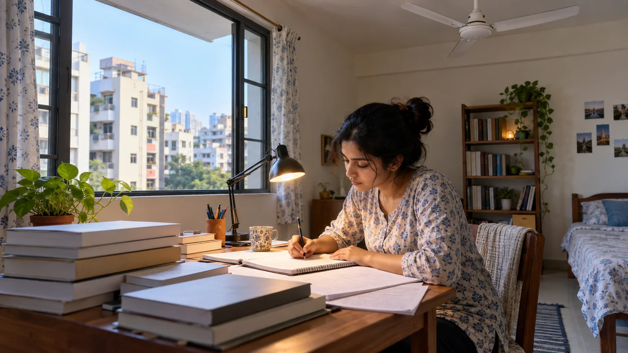 A focused young aspirant studies at a desk beside a large window in a bright, tidy single room with a bookshelf, a reading lamp and a ceiling fan.