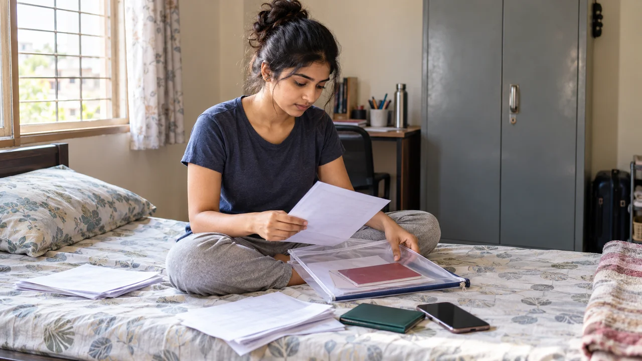 A student sits on a PG bed sorting a rent agreement, an Aadhaar letter and a bank passbook into a clear document folder.