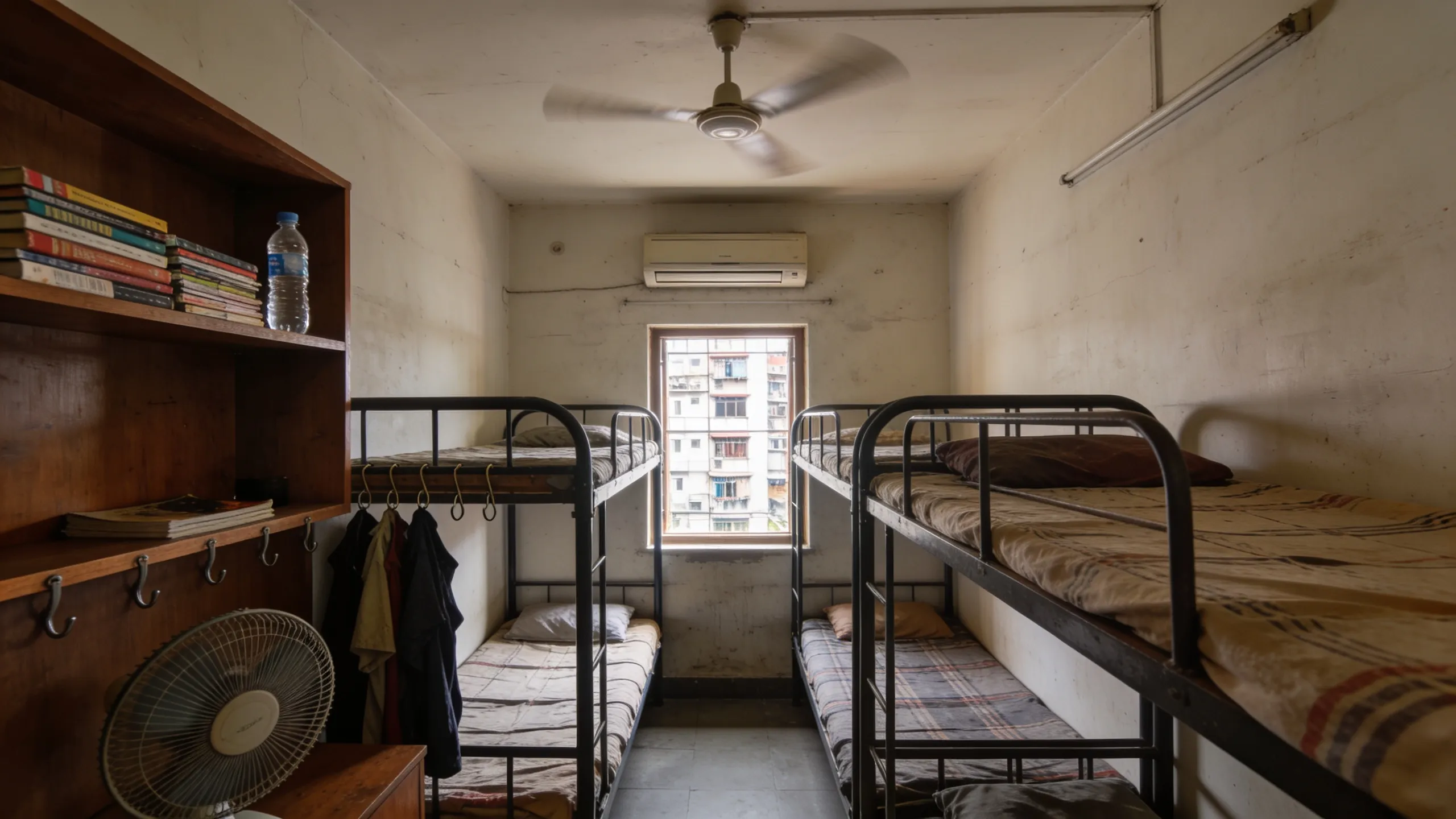 Budget PG room in Mumbai under 6000 showing triple sharing setup with bunk beds and basic furniture