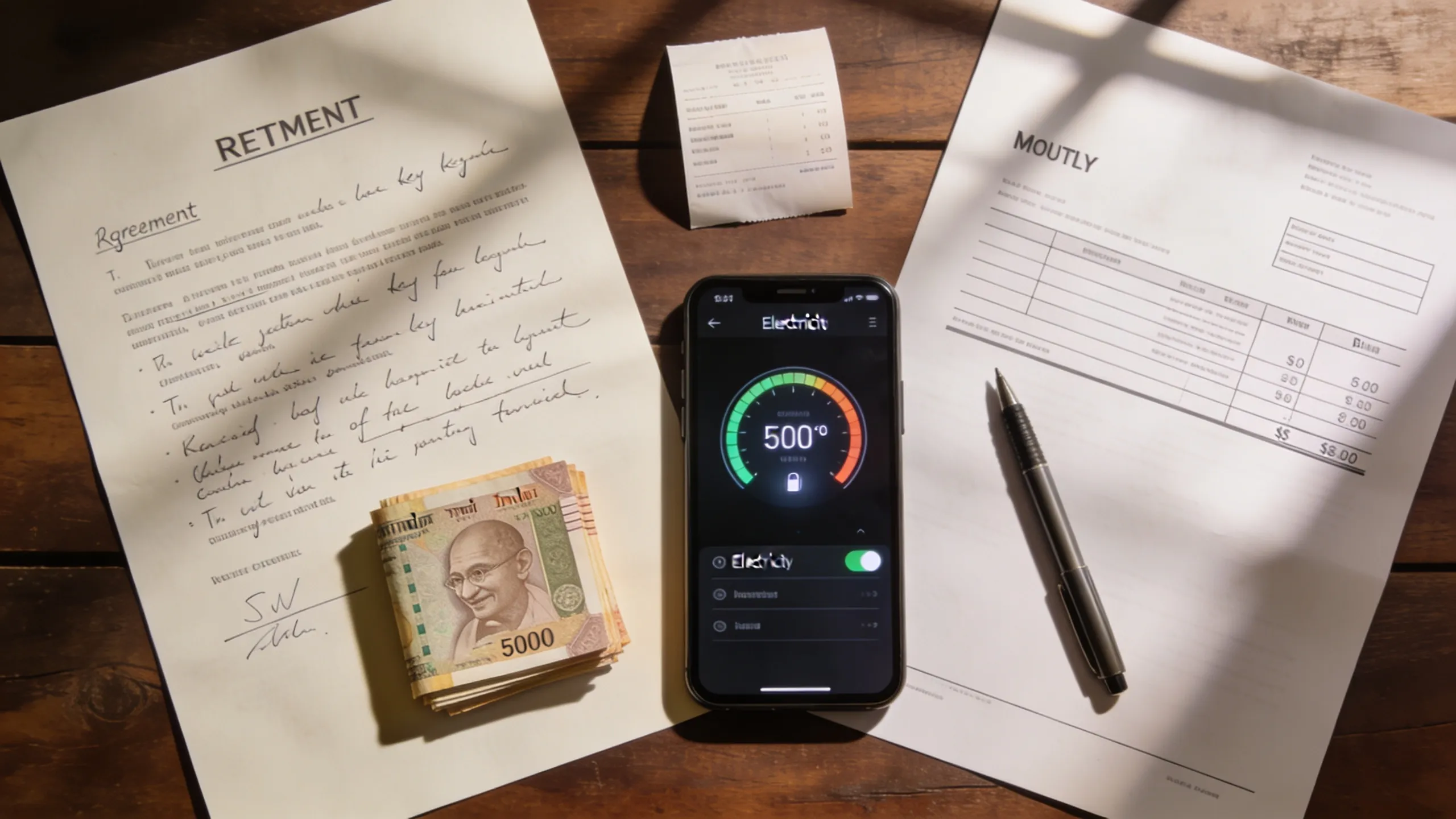 Mumbai PG hidden costs checklist showing electricity meter, deposit receipt and rent agreement documents