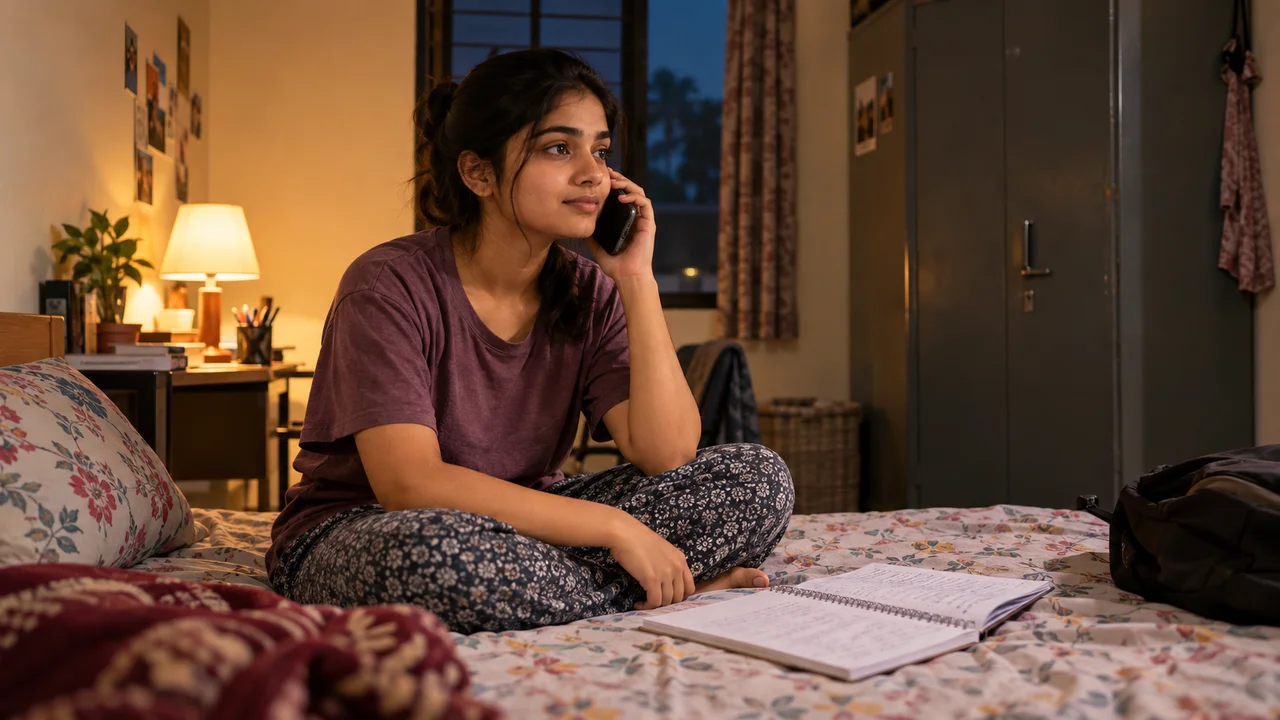 A first-year student sitting on a hostel bed in India, holding a phone and calling a helpline while a notebook with written notes lies beside her.