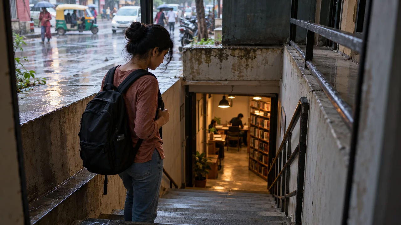 A student stands at the top of a narrow staircase leading down to a basement study library, checking the doorway and exit sign before going in.