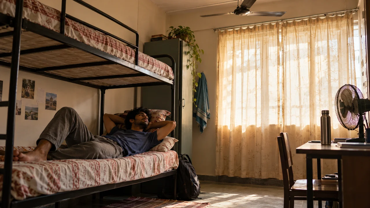A student rests on a lower bunk in a shaded Indian hostel room in summer, with light cotton curtains drawn, a table fan running and a steel water bottle beside the bed.