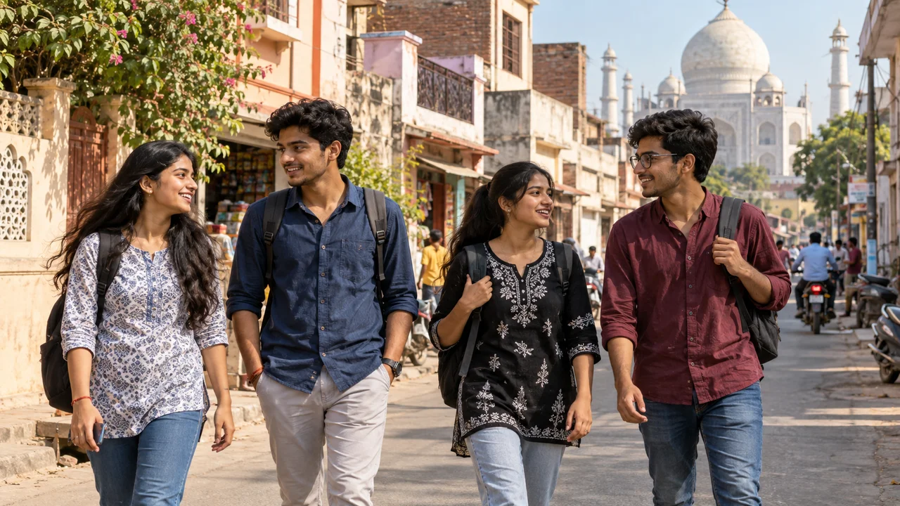 Indian college students with backpacks walking past low-rise homes and small shops on a residential street in Agra on a sunny afternoon.