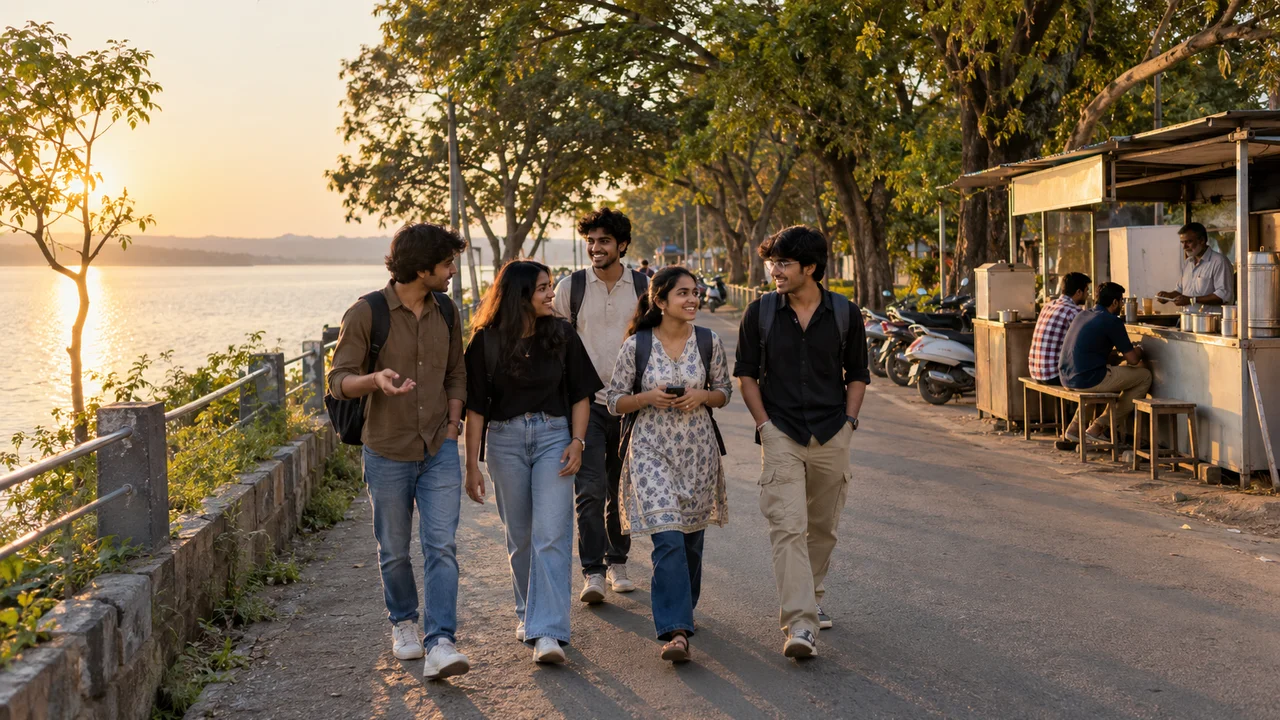 College students walking along a tree-lined road beside a lake in Bhopal on a clear evening, with small shops and two-wheelers nearby.