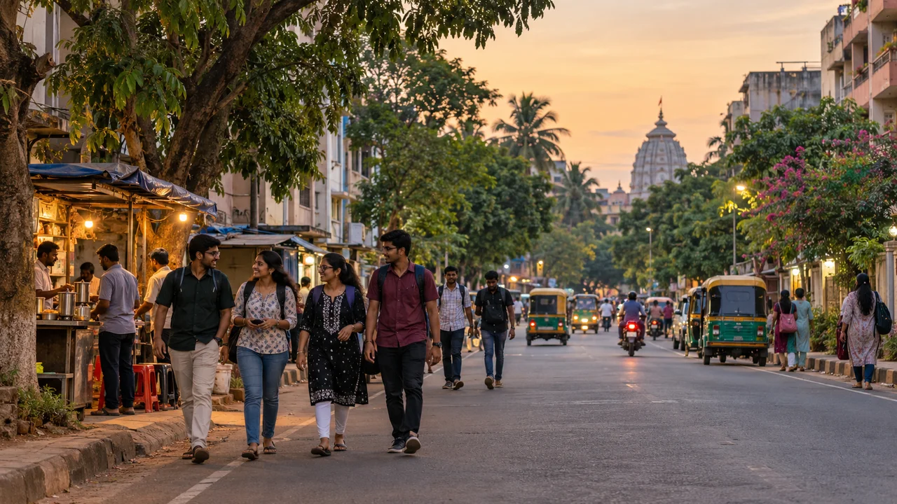 A tree-lined residential street in Bhubaneswar in the early evening, with students walking past low-rise apartment buildings and small shops.