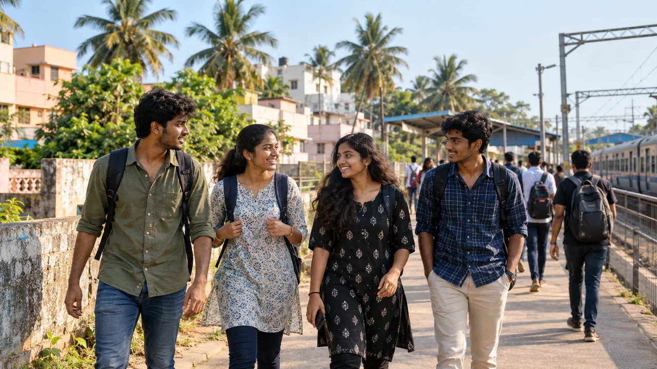 Students walking past a suburban railway station in south Chennai on a bright morning, with residential buildings and coconut palms behind them.