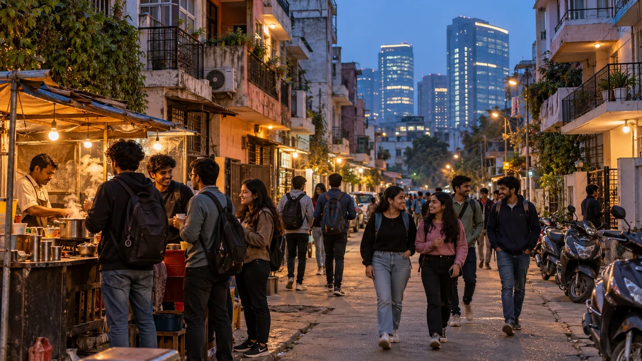 A busy residential lane in an urban village in Gurgaon at dusk, with glass office towers rising behind low-rise student housing blocks.