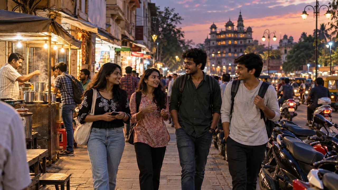 Students walking past shops and coaching centre signboards on a busy commercial street in Indore during the evening.