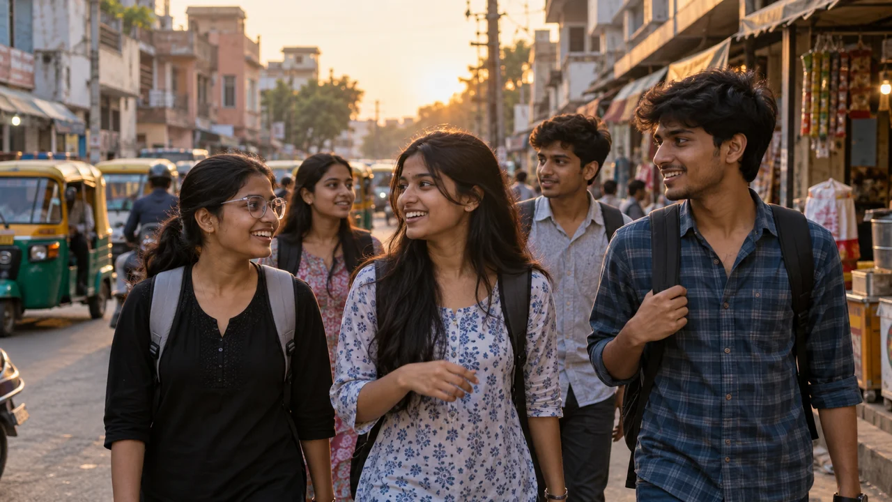 Indian college students with backpacks walking past small shops and low-rise buildings on a busy Kanpur street in the early evening.