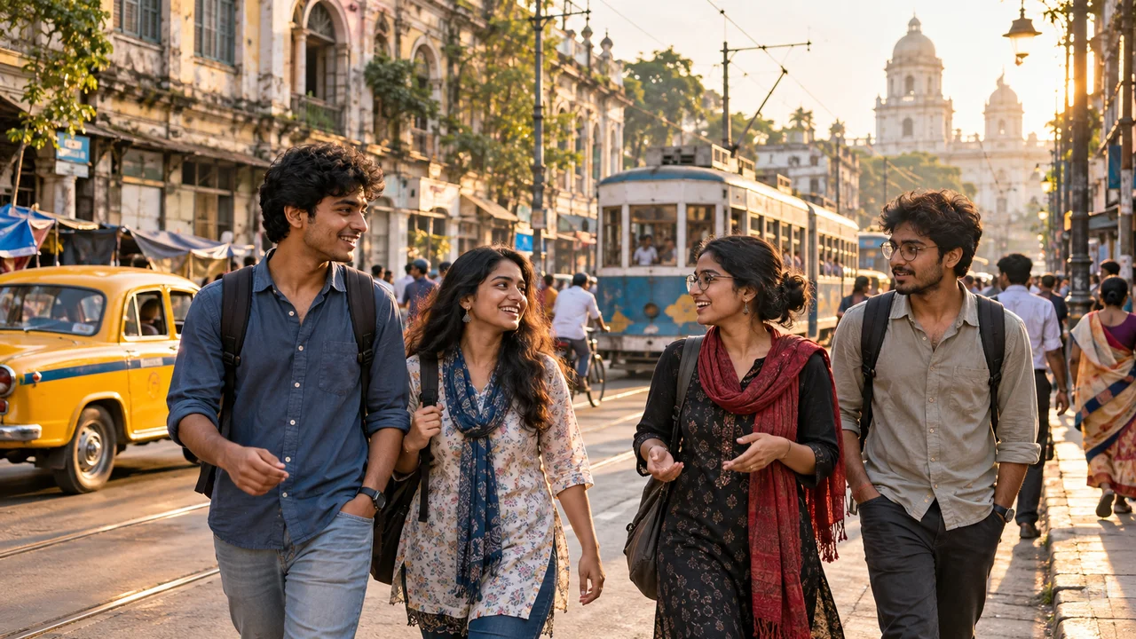 A group of college students walking past old buildings and a yellow taxi on a busy Kolkata street in the late afternoon.