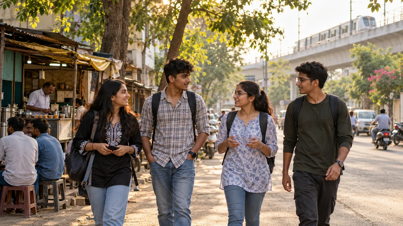 College students walking along a tree-lined residential road in Nagpur in the late afternoon, with small shops and parked scooters nearby.