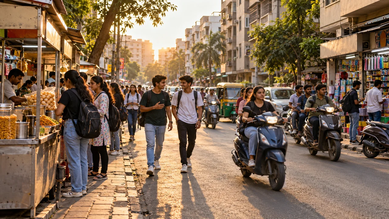 A busy residential street in Surat in the late afternoon, with students on scooters passing apartment blocks and small shops.