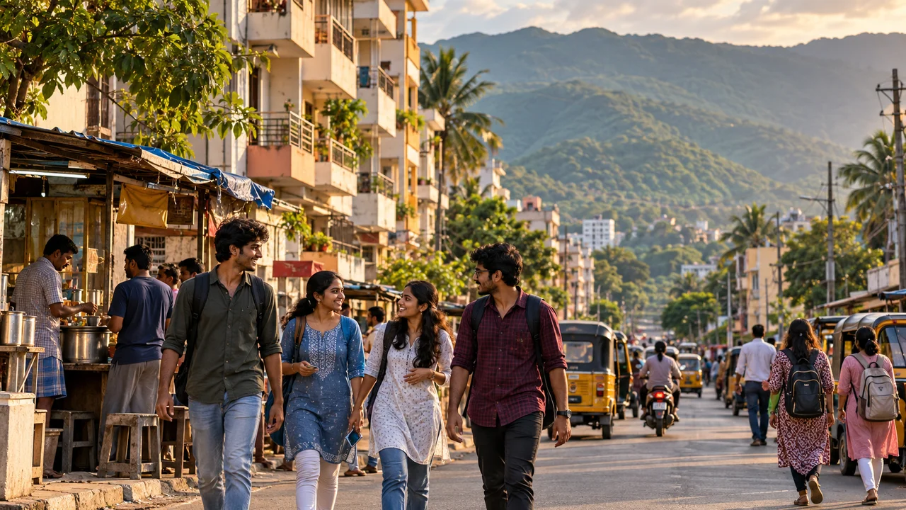 A busy residential street in Visakhapatnam in the late afternoon, with students walking past apartment buildings and small shops while green hills rise in the background.