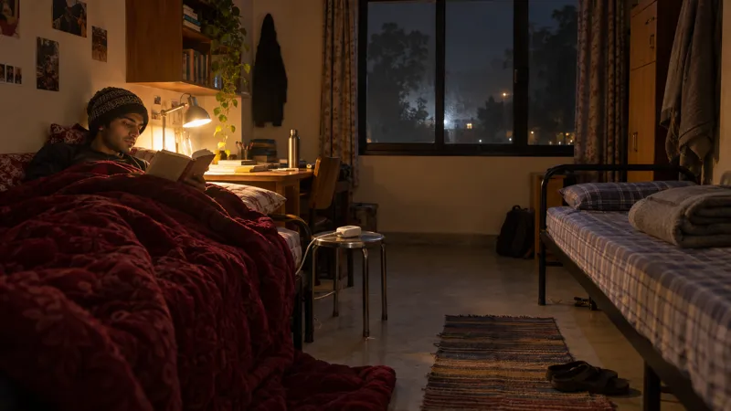 Student in a woollen cap reading in bed under a maroon razai at night, a thin cable running to a small controller on a steel stool, his roommate's empty bed across the room
