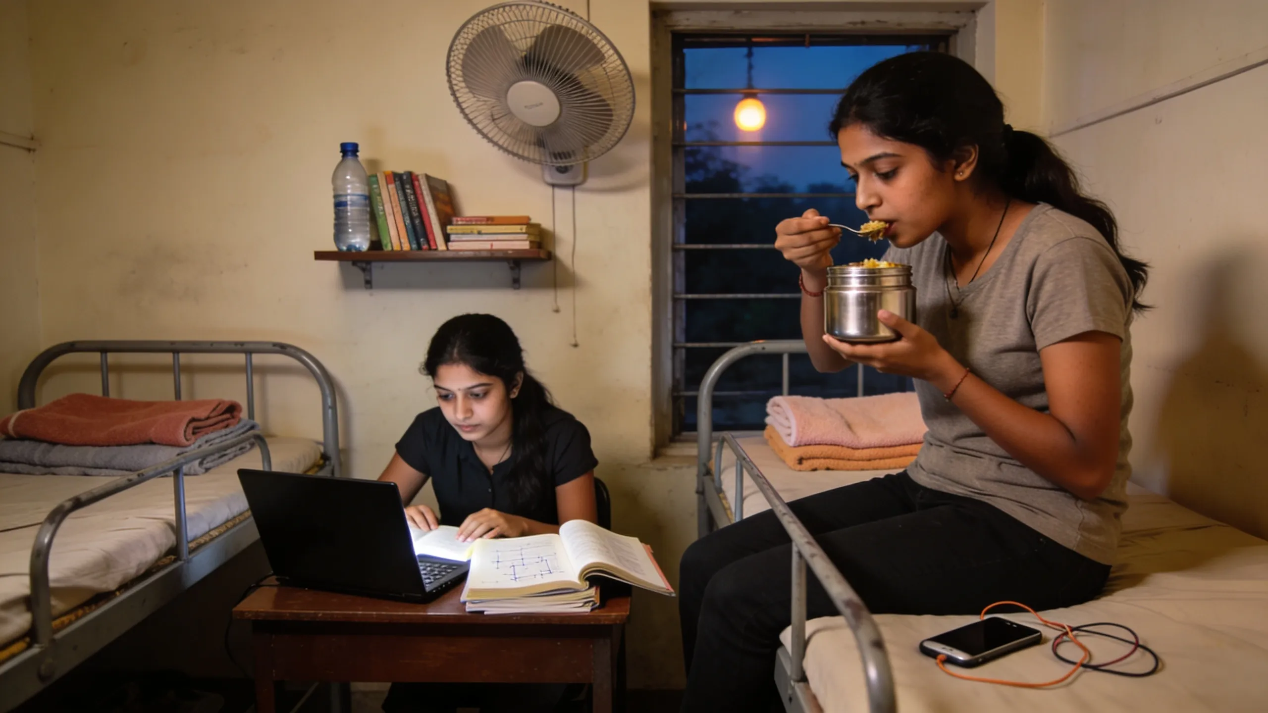 Twin sharing hostel room Mumbai students studying at desk with tiffin dabba on table