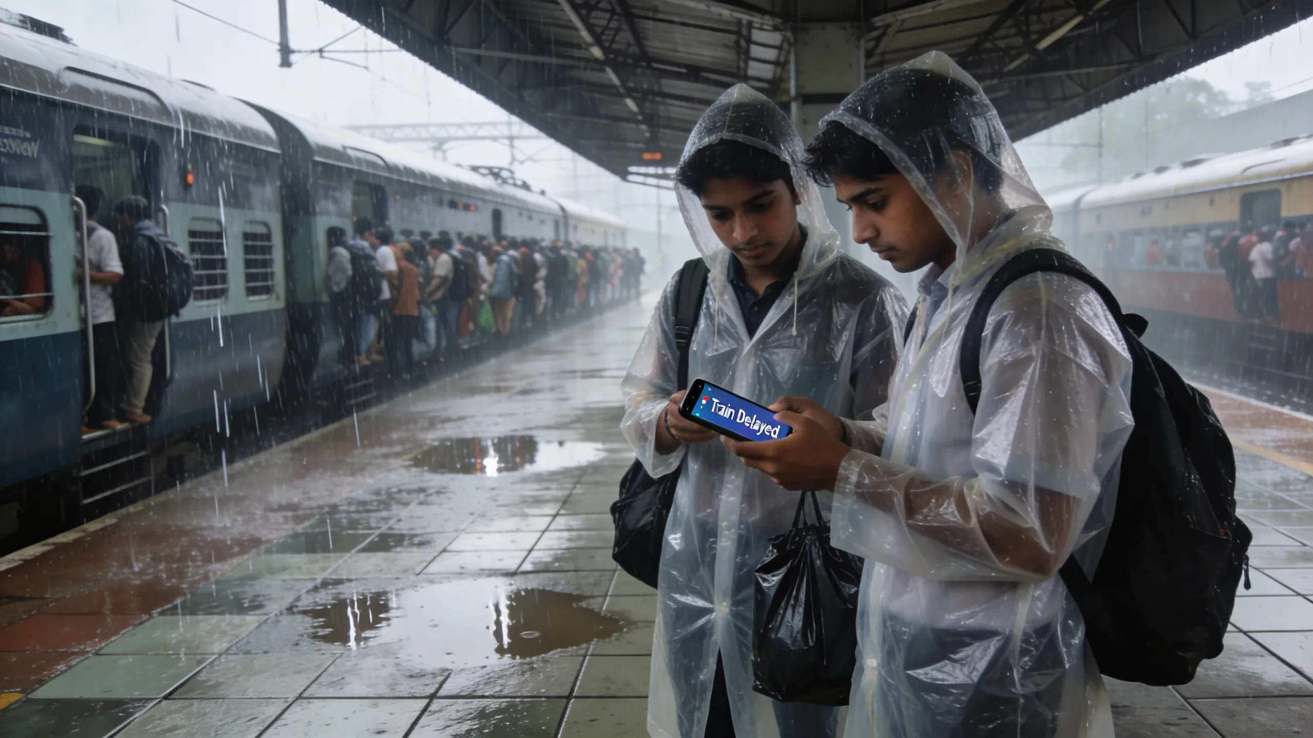 Mumbai monsoon hostel ground floor dampness local train delay students commuting in rain