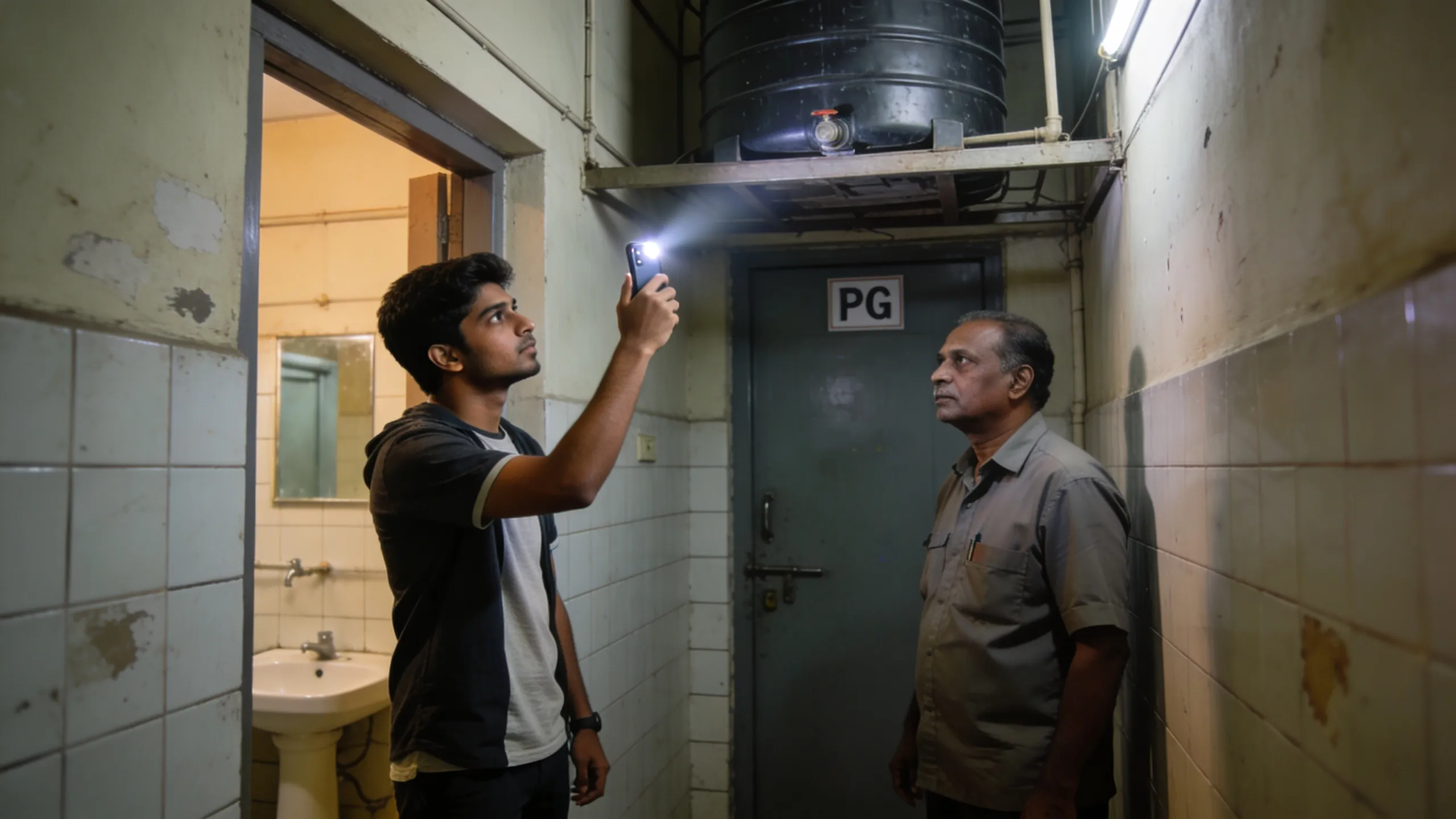 Student visiting PG room in Mumbai checking water tank bathroom before paying deposit