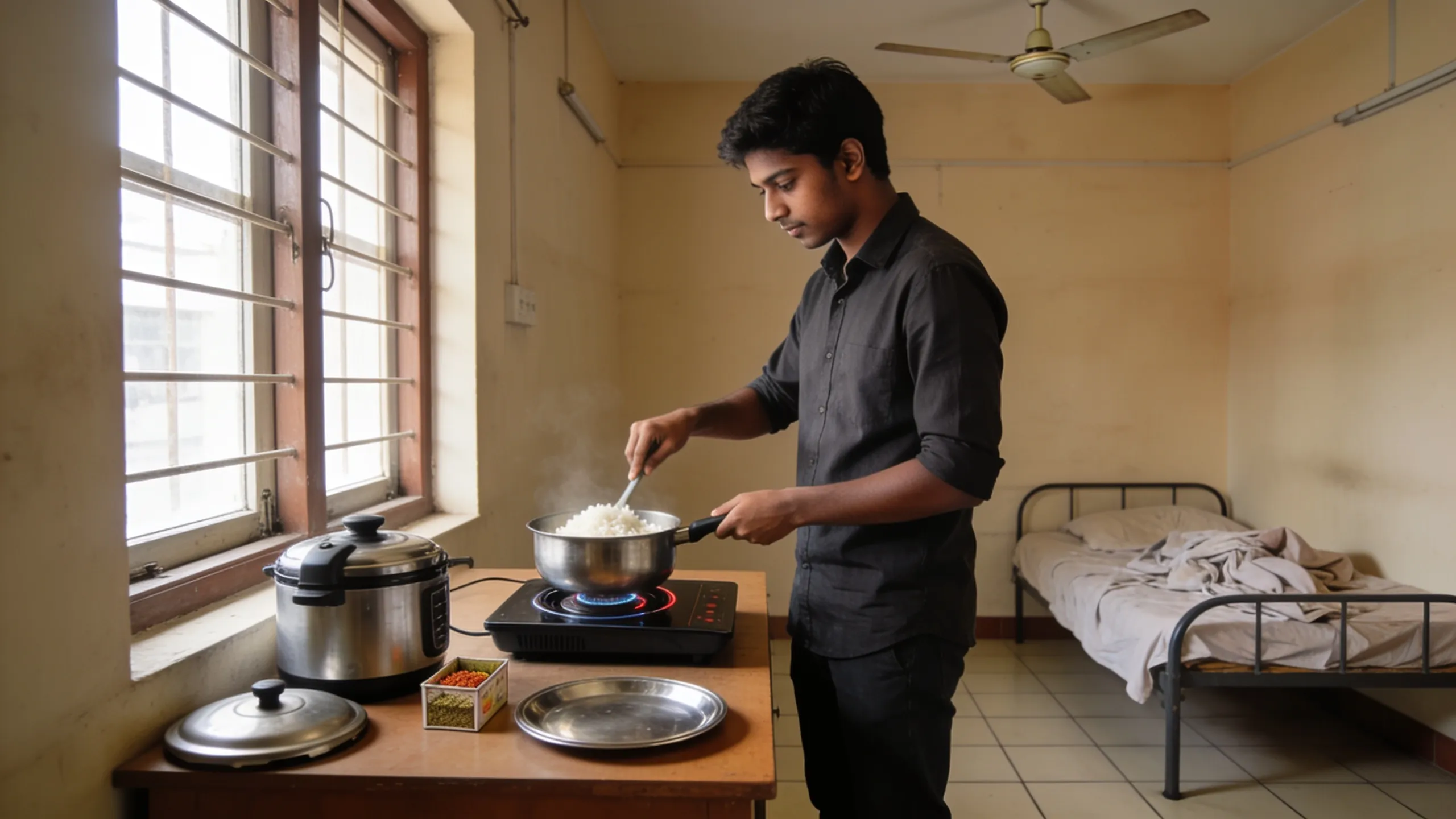 Student cooking rice on induction cooktop in hostel room with utensils visible