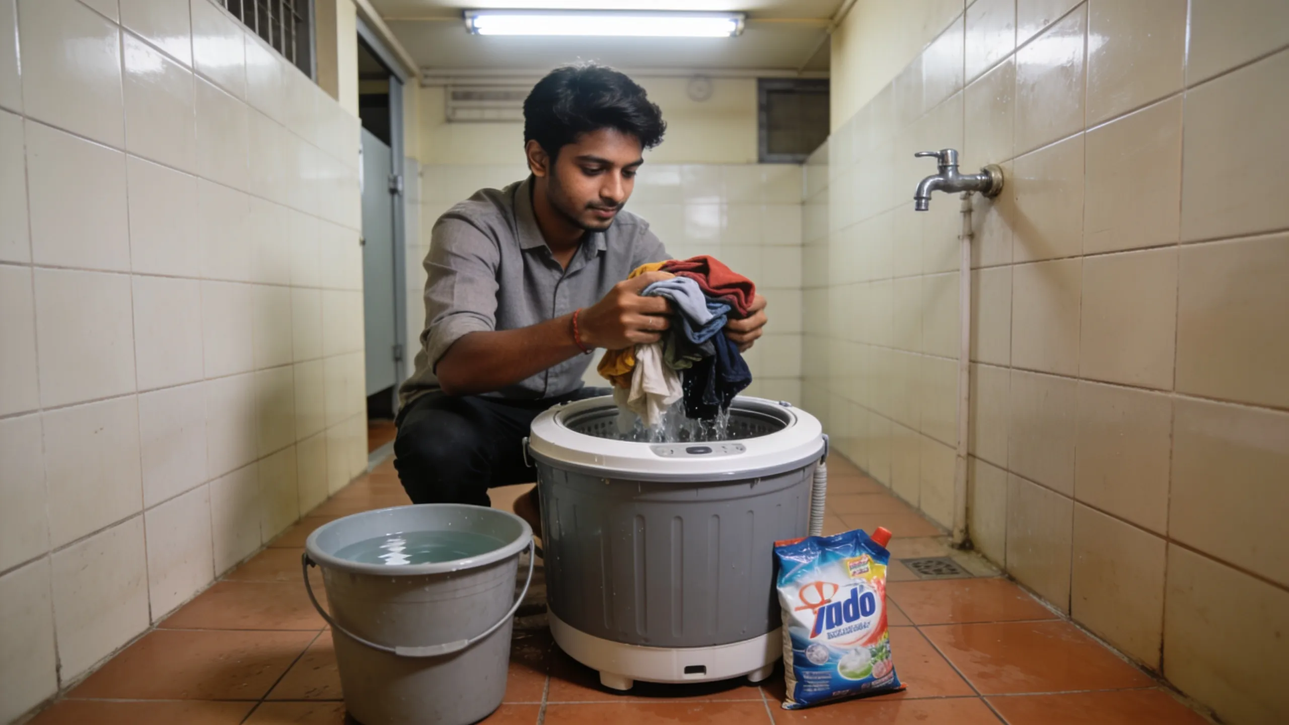 Student loading clothes into portable mini washing machine in hostel room