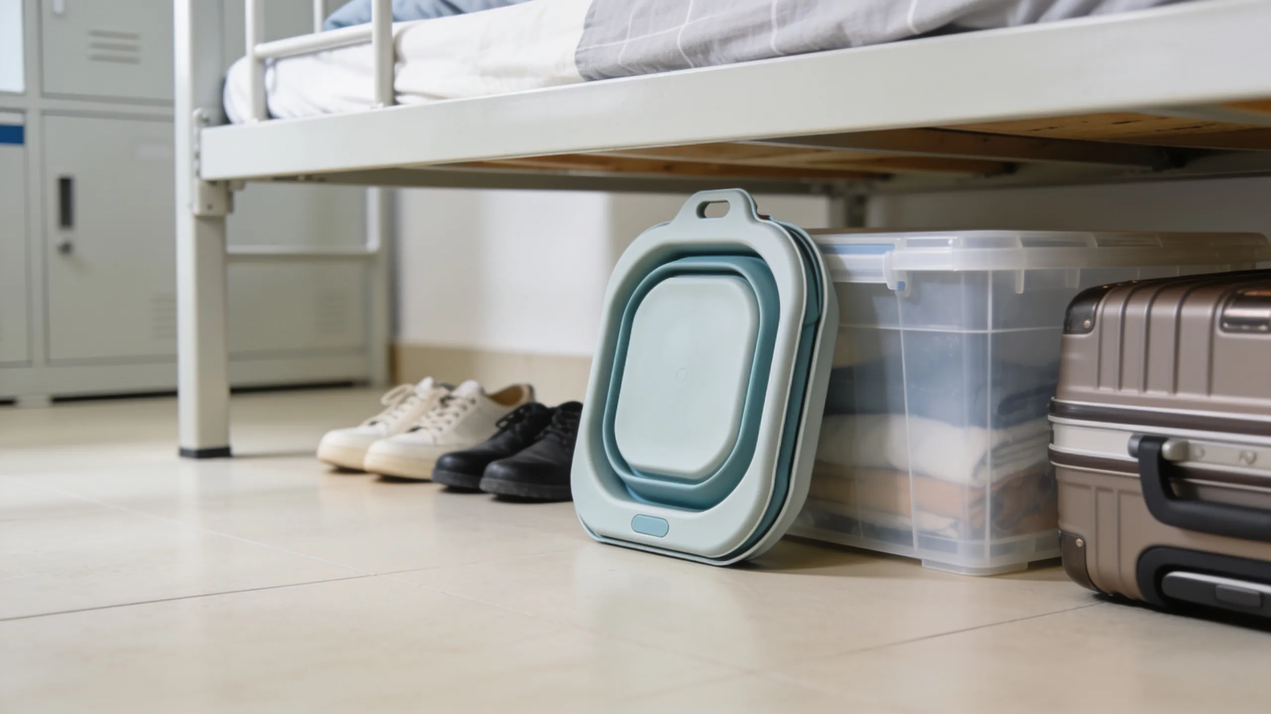 Foldable washing machine collapsed flat next to storage box under hostel bed