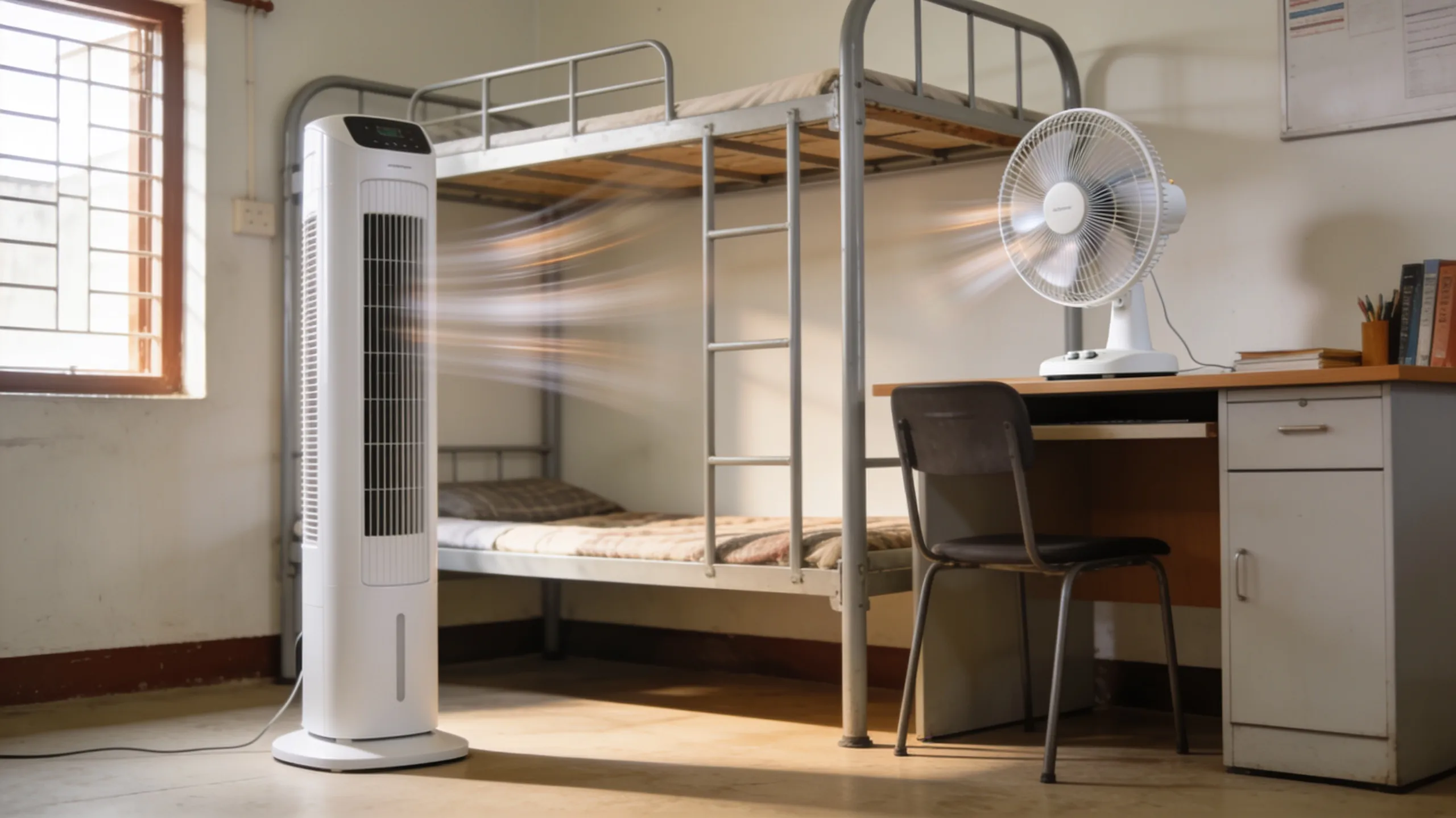Tower fan and table fan side by side in hostel room for size comparison