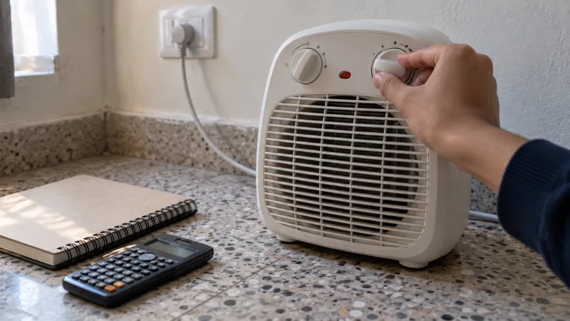 Hand turning the knob of a white fan heater plugged into a wall socket, next to a spiral notebook and a calculator