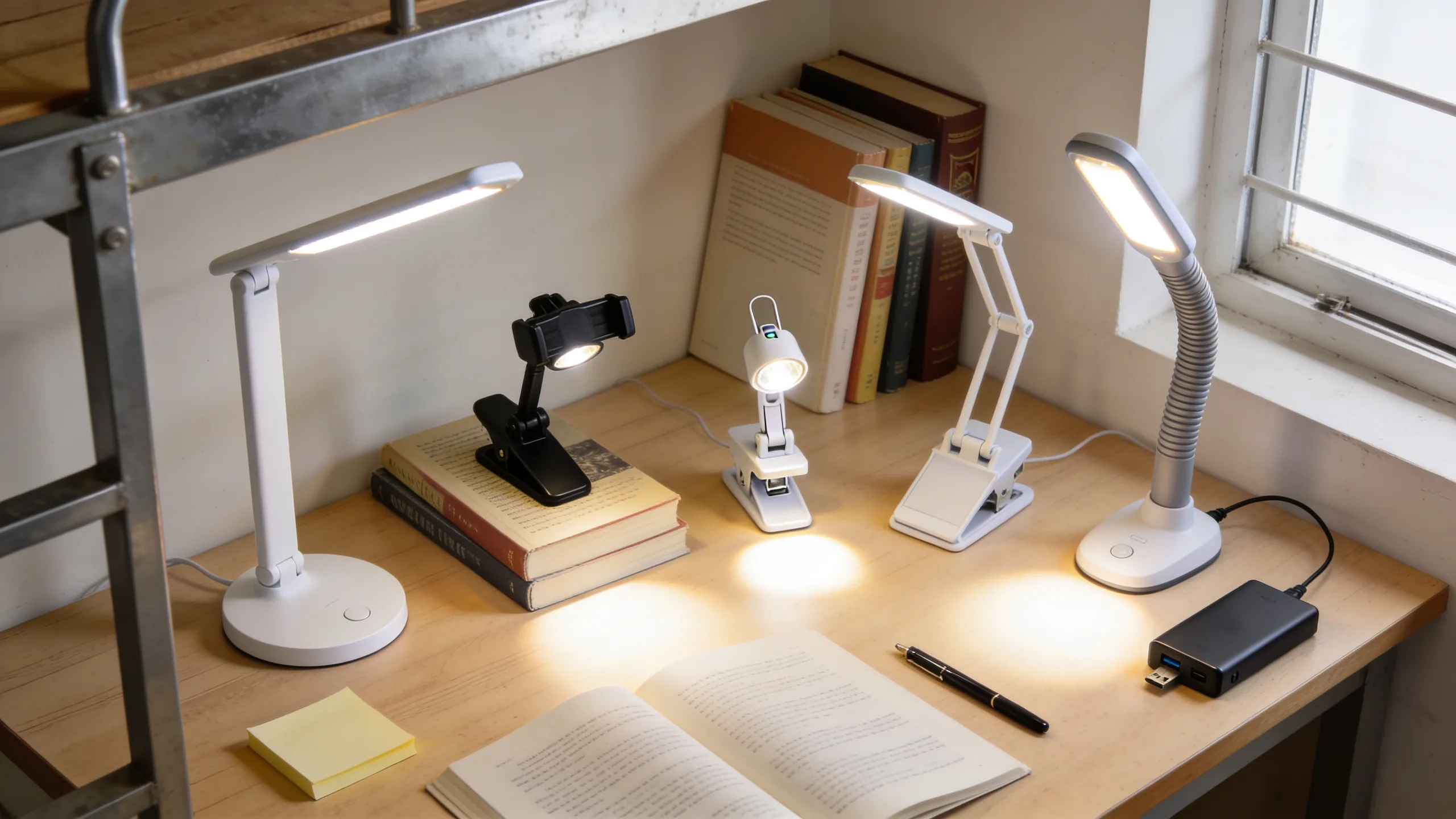 Different types of hostel study lamps arranged on desk including clamp-on rechargeable and freestanding LED models