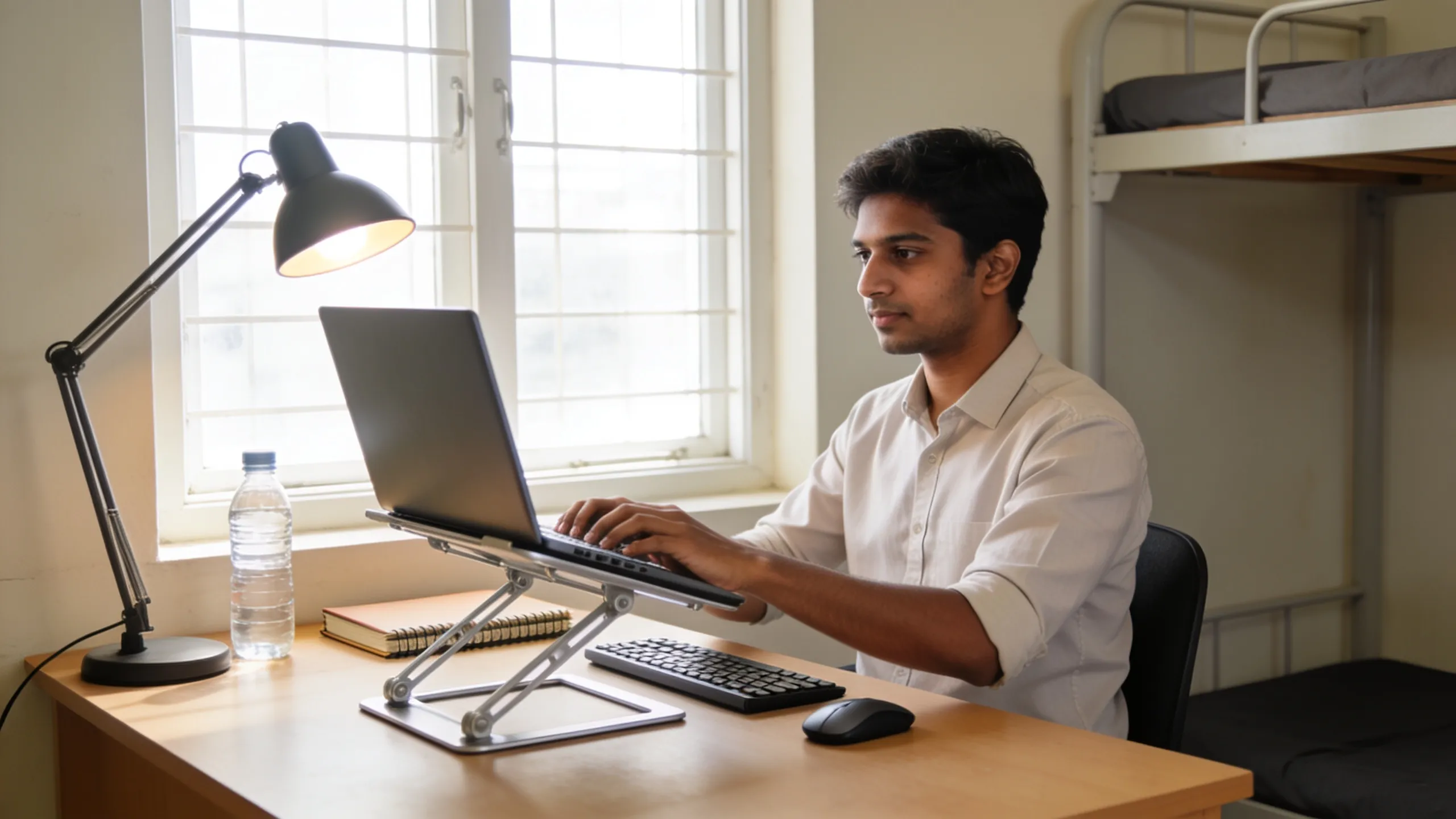 Student with correct posture using laptop stand on hostel desk with external keyboard
