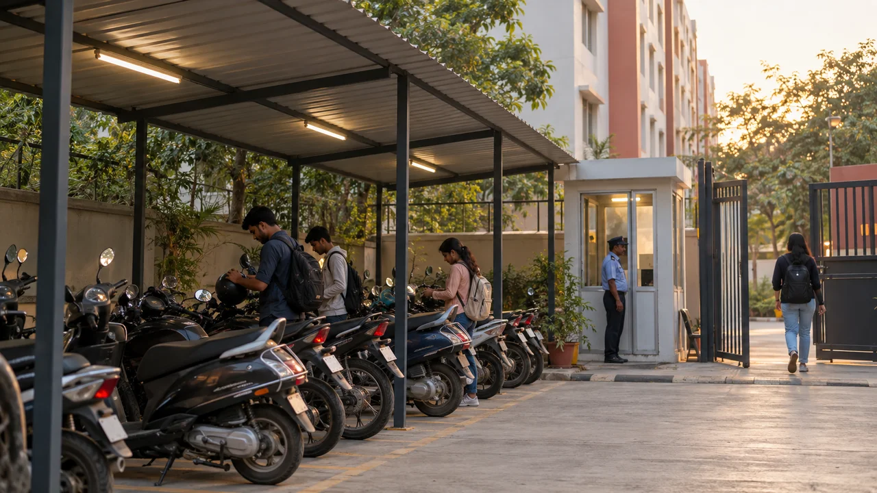 A row of student scooters and motorbikes parked neatly in a covered hostel parking area in India, with a security cabin near the gate.