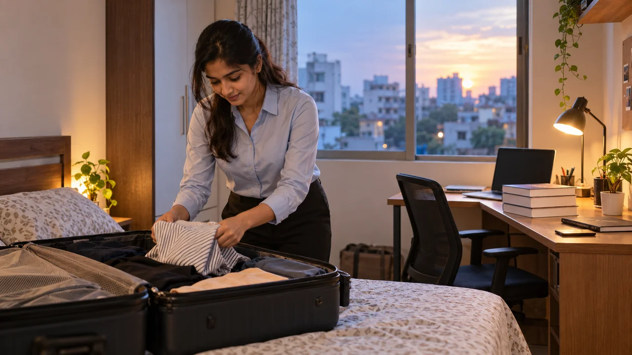 A young CA articleship trainee in office clothes unpacks a suitcase in a small, bright rented room with a study desk, a stack of accounting books and a laptop.