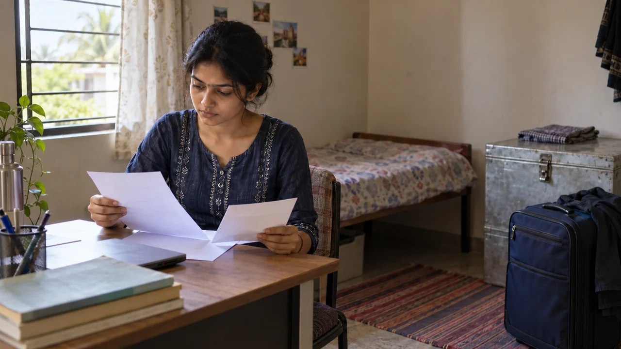 An Indian college student sits at a hostel room desk reviewing a fee receipt and a printed refund application form beside a packed suitcase.