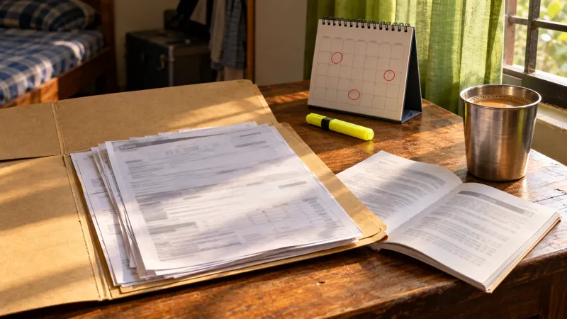 An open manila folder with photocopied receipts and a rule booklet lies on a hostel study table beside a yellow highlighter, a steel tumbler and a desk calendar with three squares circled in red.