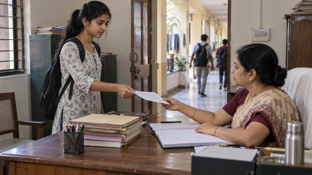 An Indian hostel student hands a written complaint letter to the warden across a desk in a hostel office.