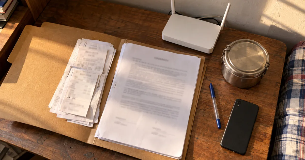 An open cardboard file of stapled payment receipts and a printed agreement lies on a wooden study desk in a PG room, beside a Wi-Fi router with no lights, a steel tiffin box, a blue ballpoint pen and a face-down phone.
