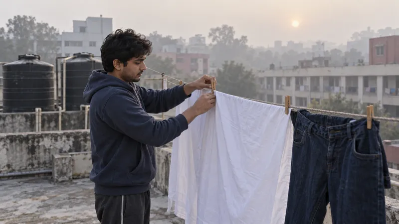 Student in a hoodie pegging a white bedsheet and jeans on a rope line on a hostel rooftop on a hazy winter afternoon, black water tanks behind him
