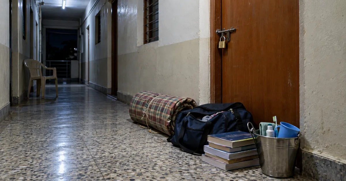 A PG room door in a dim corridor is shut with a new brass padlock, while a packed duffel bag, a rolled mattress, a stack of textbooks and a steel bucket sit on the floor outside it.