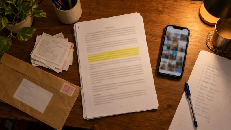 An agreement with a highlighted clause, payment receipts, a speed post envelope, a phone showing blurred photos and a handwritten list lie on a lamp-lit study desk.