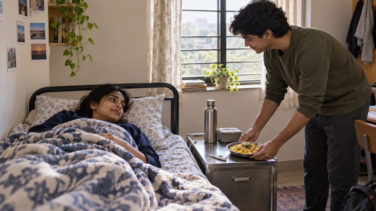 A young Indian student resting in a hostel bed with a water bottle, a thermometer and a small medicine pouch on the bedside table.