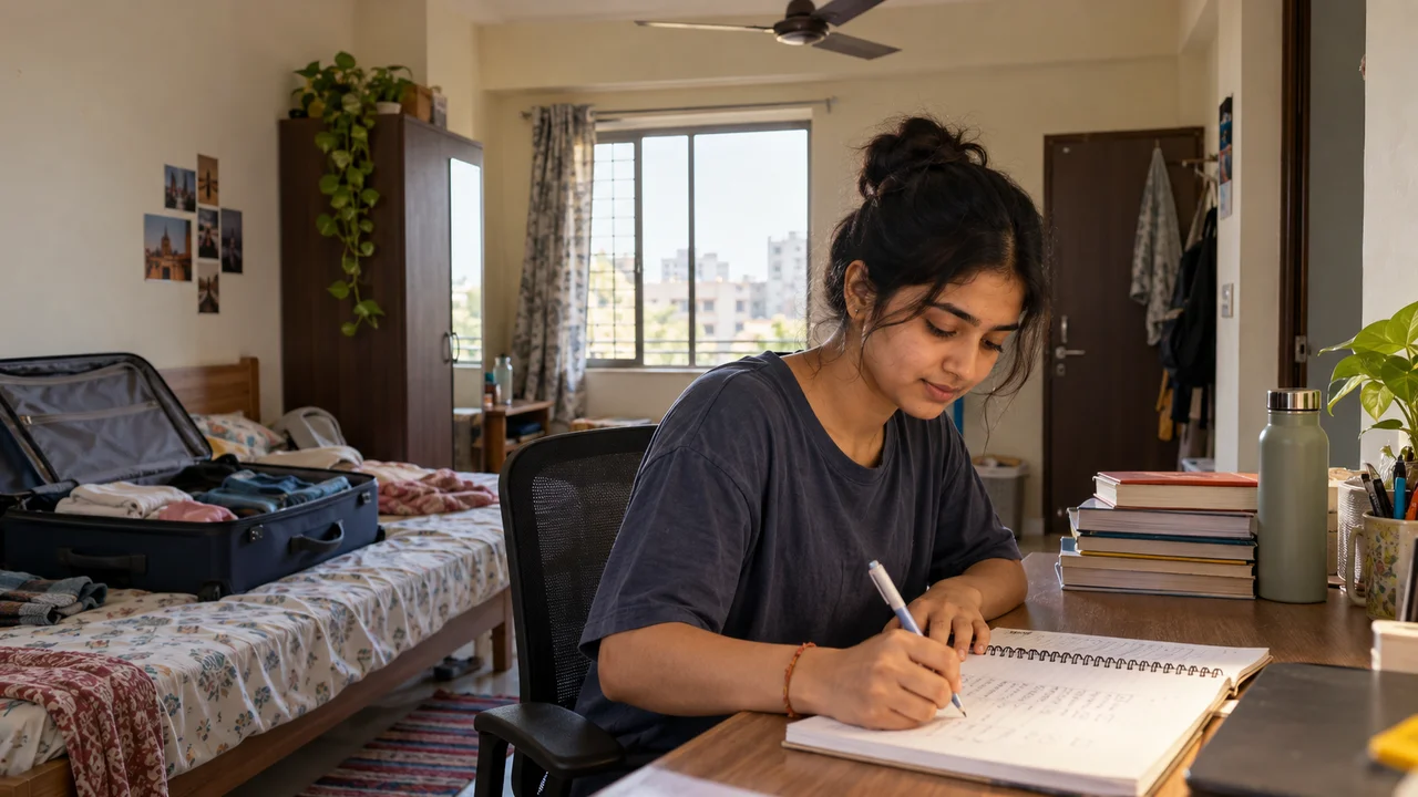 A young coaching student ticks items off a handwritten checklist at a study desk in a newly unpacked hostel room with a suitcase and books nearby.