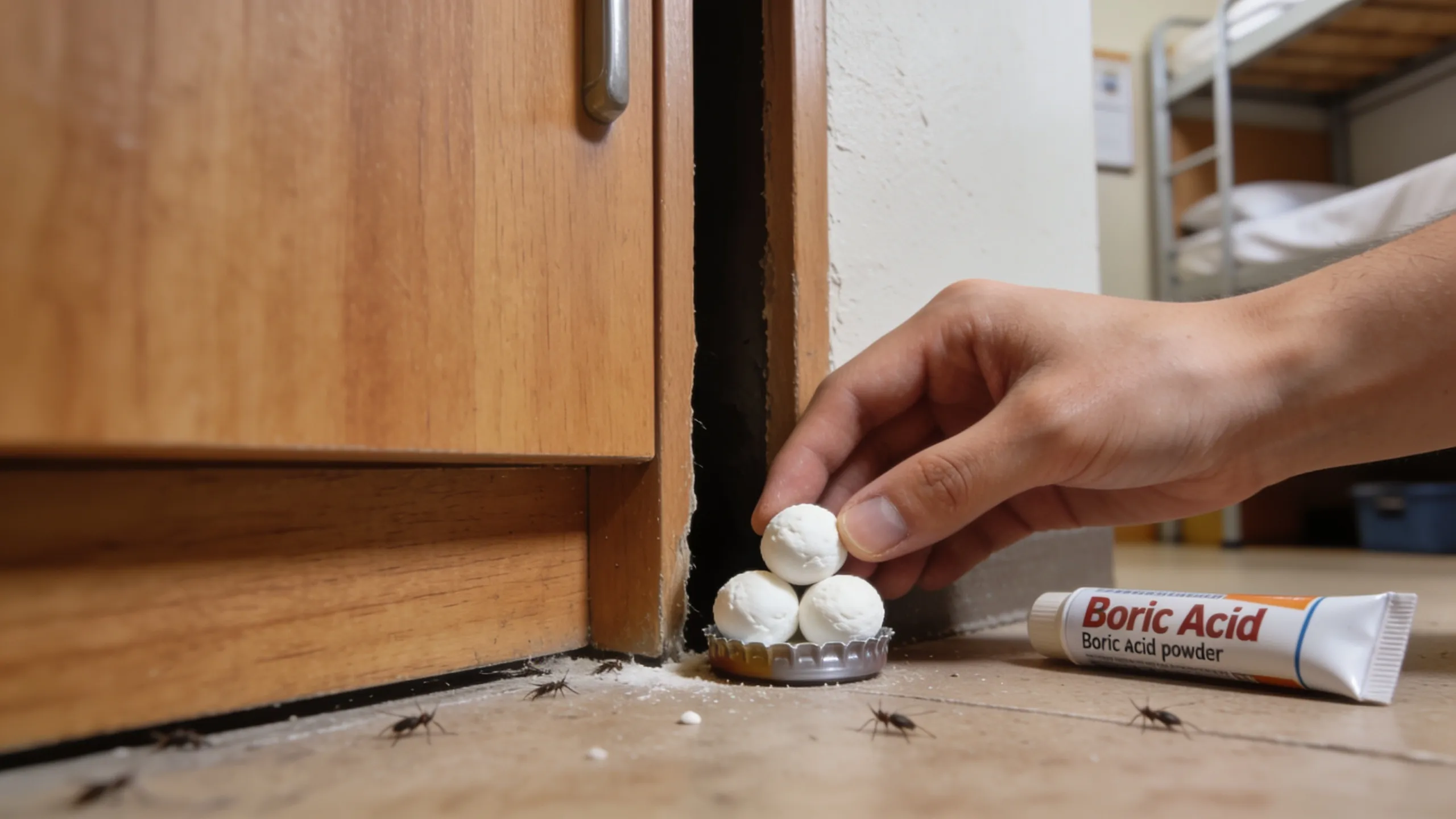Close-up of boric acid bait balls placed behind a hostel room cupboard for cockroach control