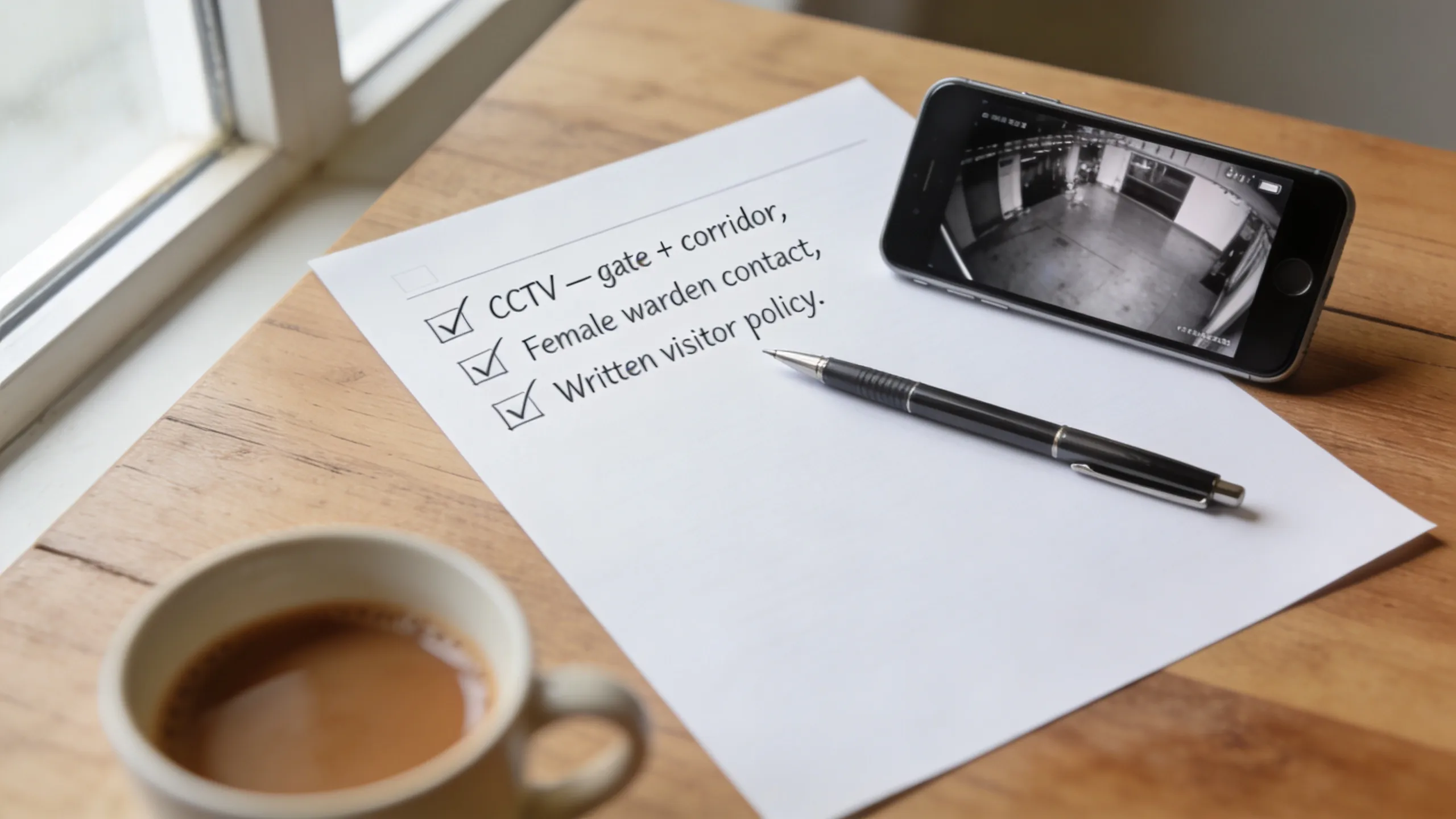 Girls hostel safety checklist — printed document on a table with pen and smartphone showing CCTV footage