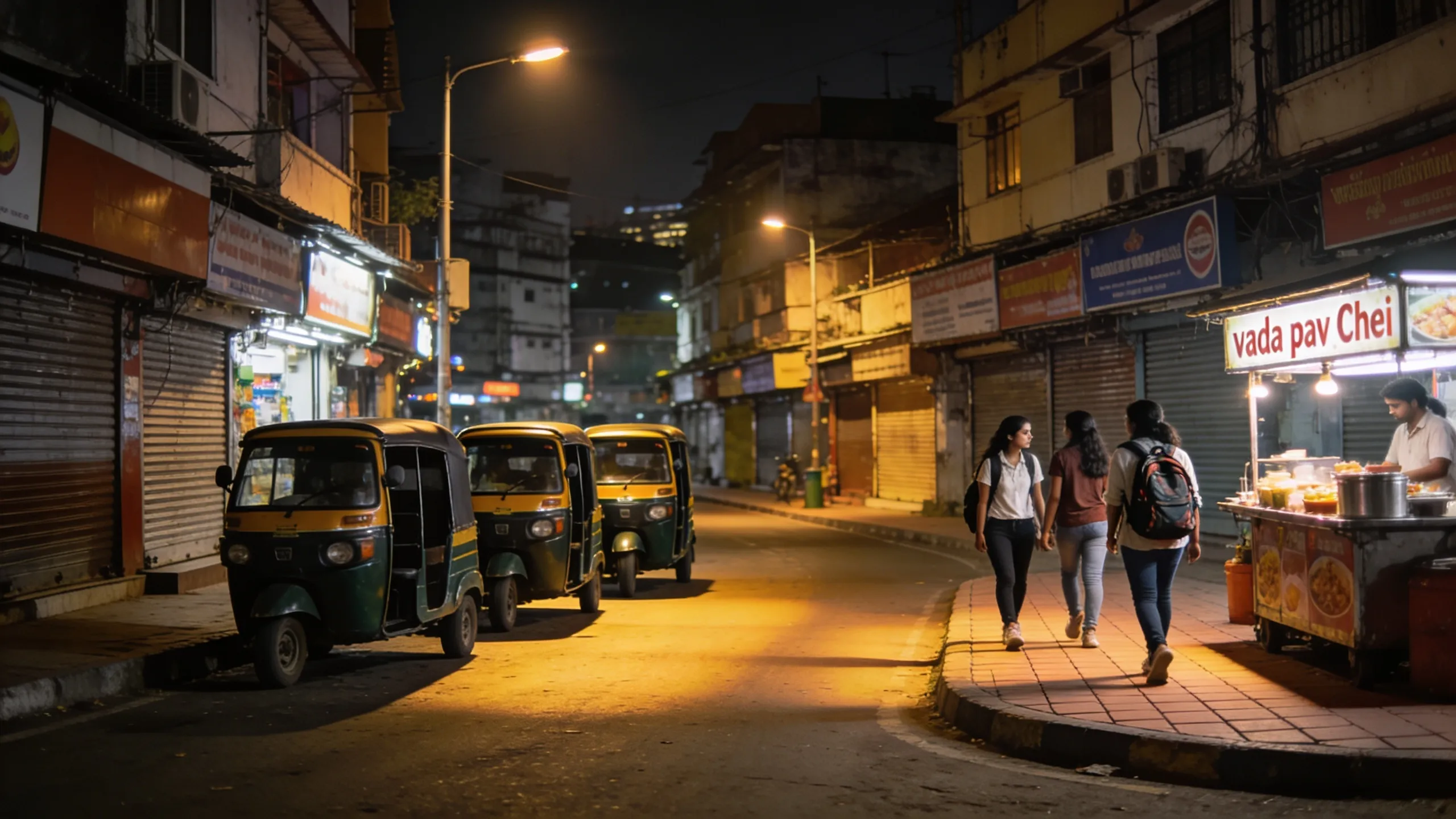 Andheri West street at night — well-lit road with auto-rickshaws and pedestrians near girls PG Mumbai