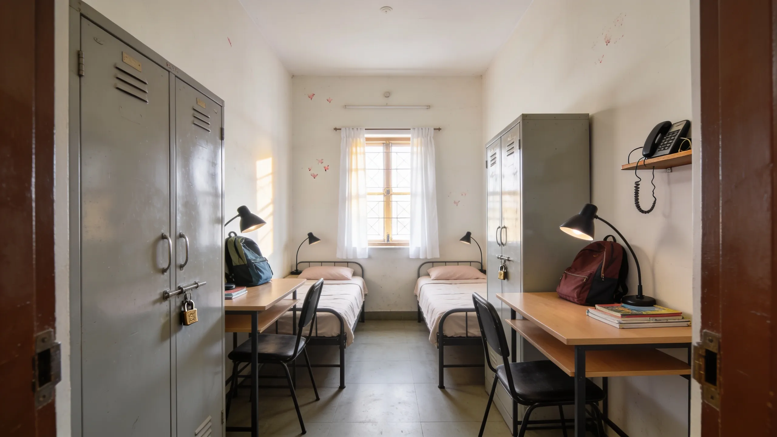Mumbai girls PG room — twin-sharing setup with study desks, cupboards, and window light
