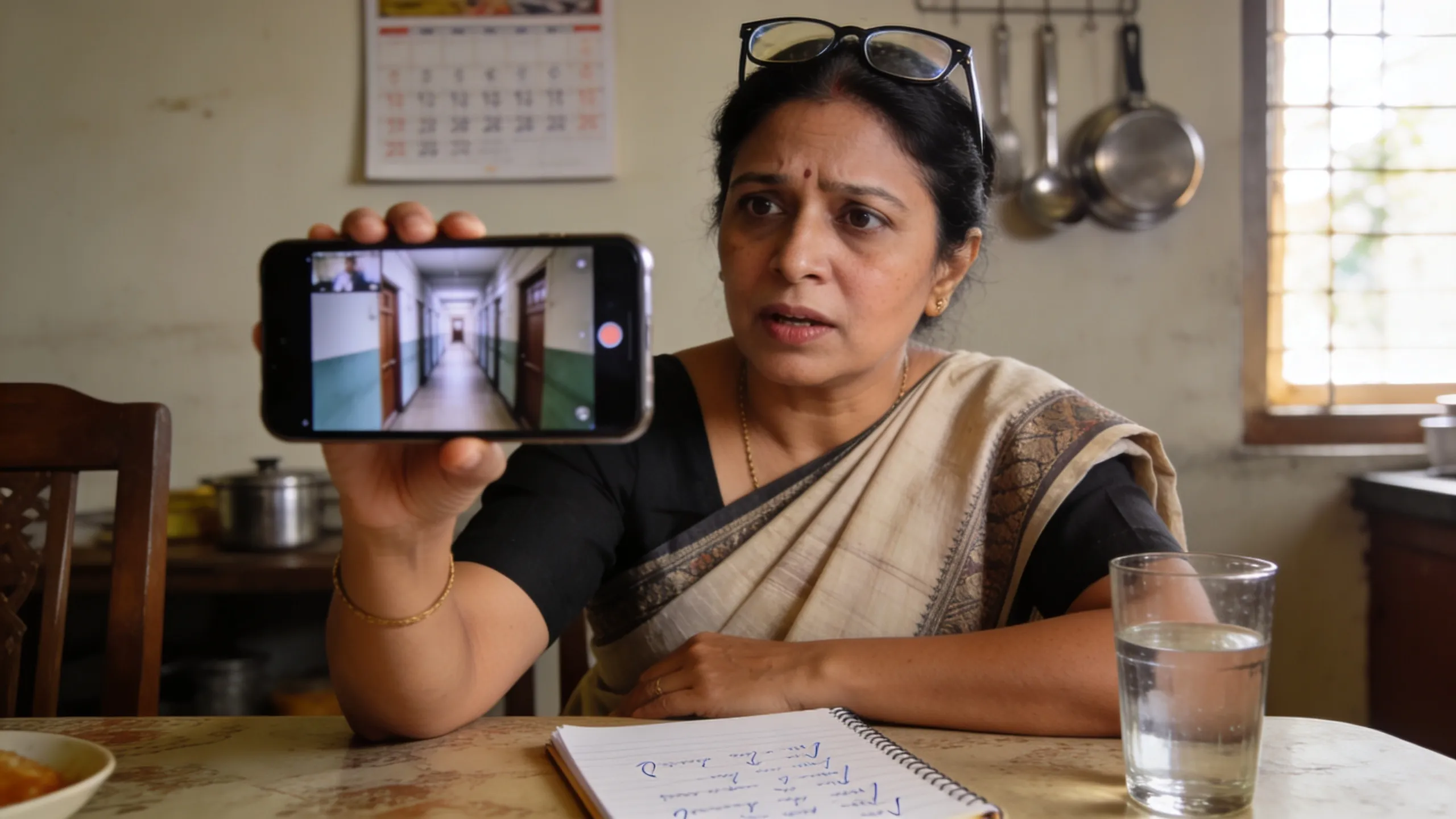 Parent doing a video call to verify girls hostel in Mumbai — phone showing live hostel walkthrough