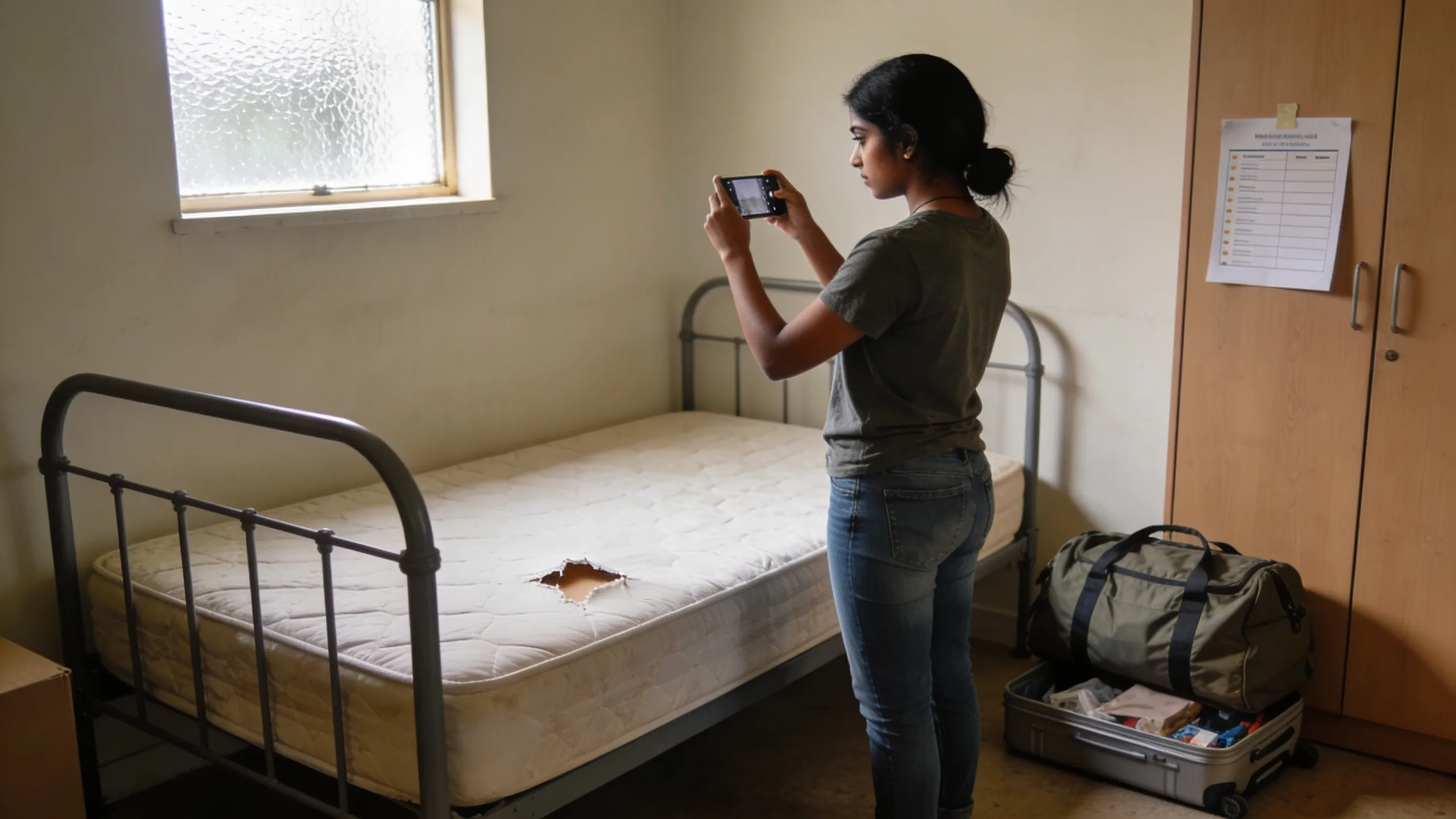 Girls hostel Mumbai move-in checklist — student photographing room condition on day one with smartphone
