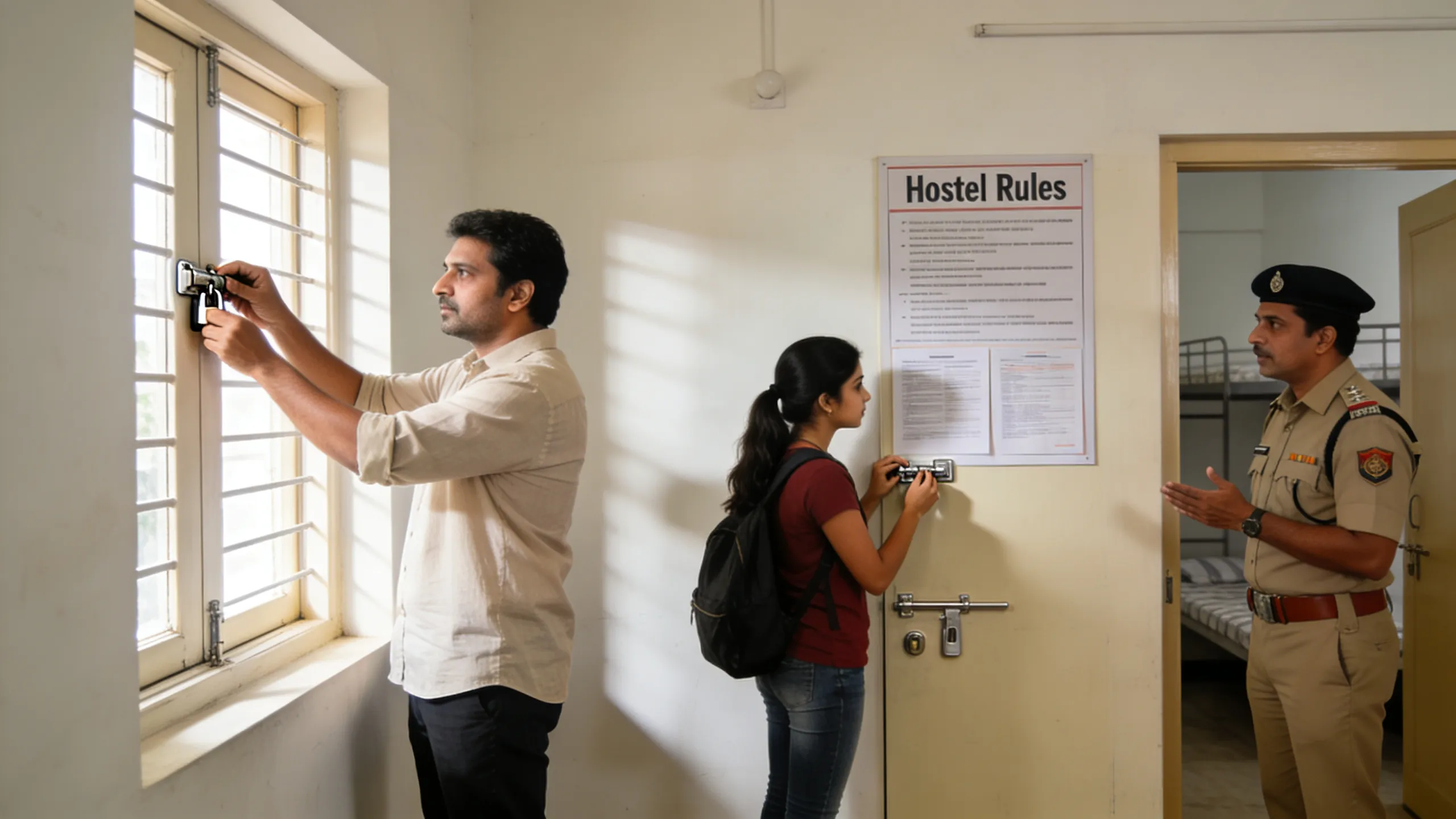 Security guard and CCTV camera at the entrance of a women's hostel in India