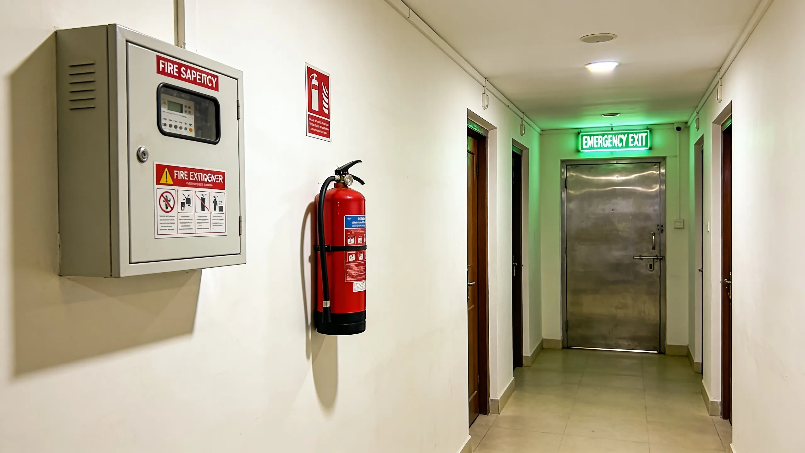 Fire extinguisher with valid service tag and emergency exit sign in a hostel corridor