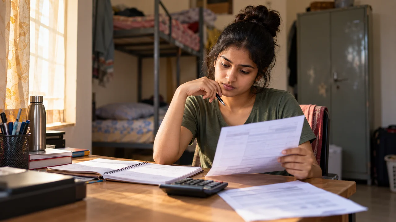 A student at a desk in a shared hostel room compares a printed monthly rent invoice with figures on a calculator.
