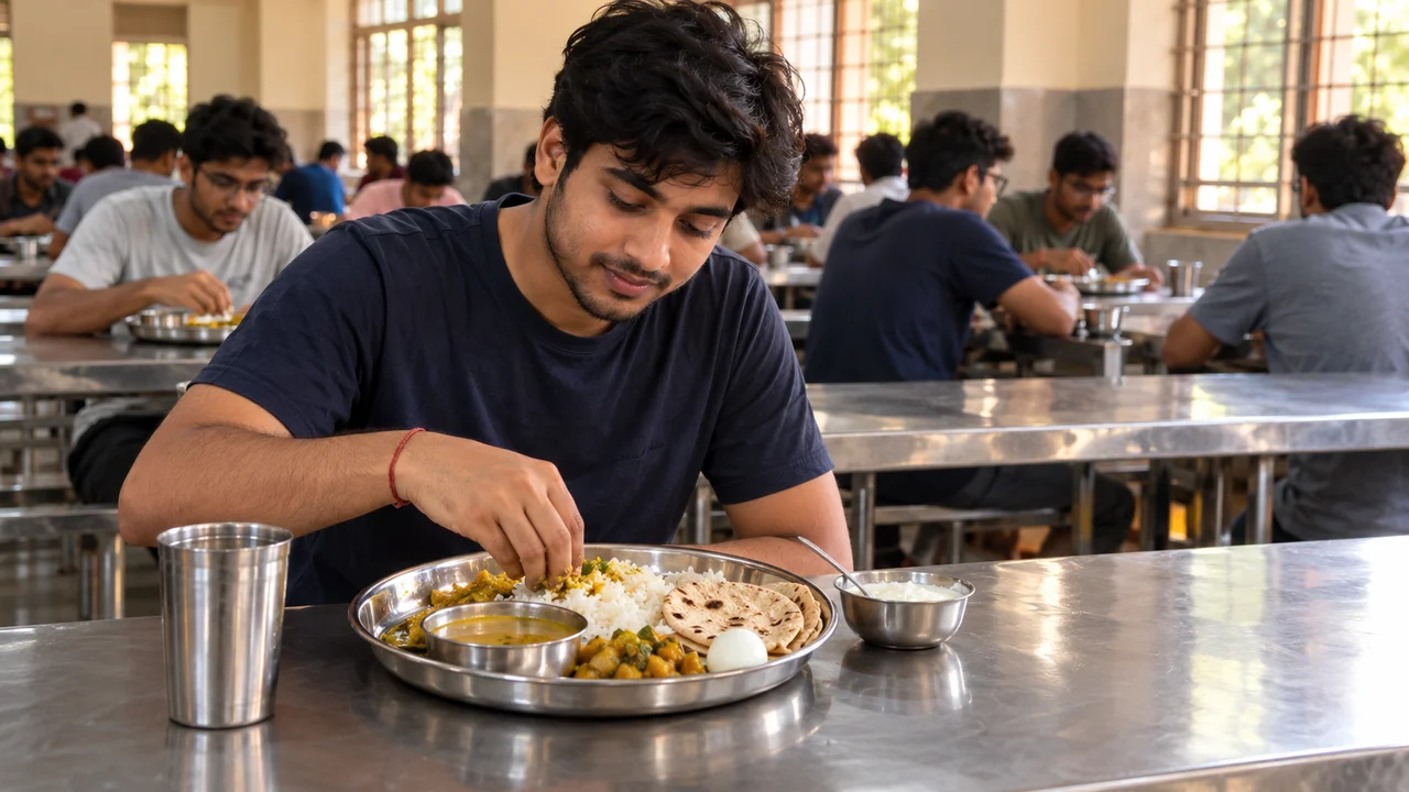 A student at a hostel mess table in India eats from a steel thali with dal, rice, rotis, a boiled egg and a bowl of curd.